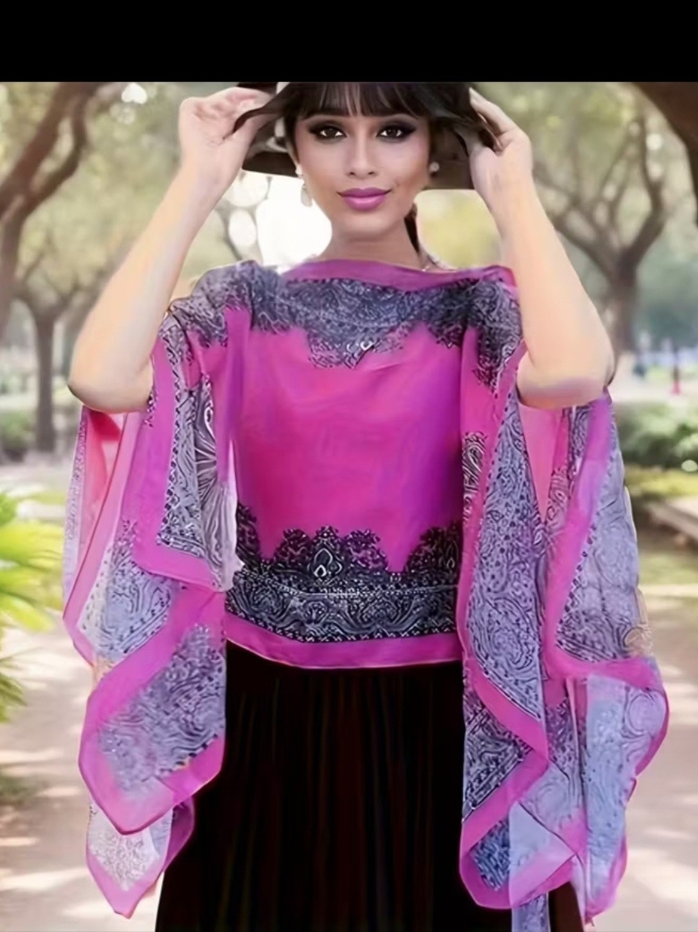 Elegant Fuchsia Sheer Blouse with Black Paisley Trim